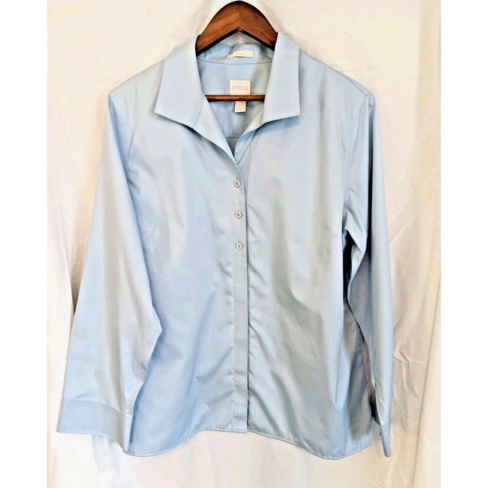 Chico’s No-Iron Women’s Size 3 US 16 XL Blue 100% Cotton Button Down Shirt